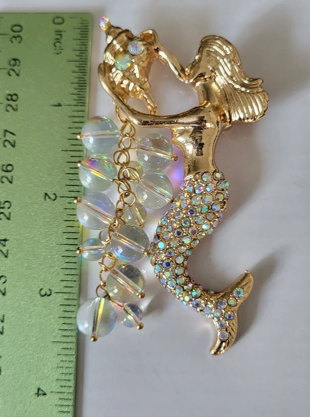 Beautiful Goldtone Mermaid Brooch with Iridescent Beads and Rhinestones